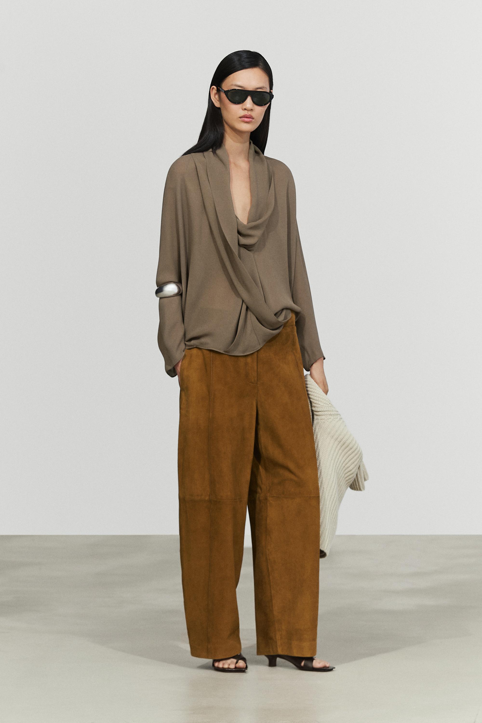 Flowy surplice draped neckline shirt