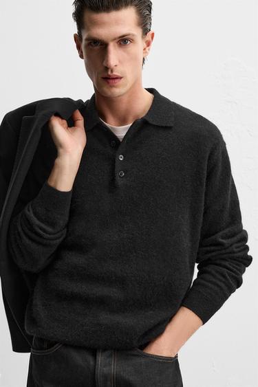 COTTON-WOOL KNIT POLO SHIRT - Black by Zara