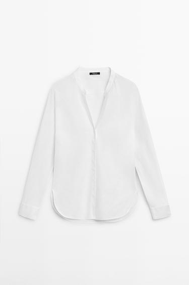 Zara 100% linen stand collar shirt - White - Image 0