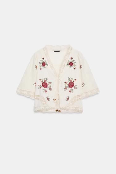 Zara EMBROIDERED FLORAL TOP - Ecru