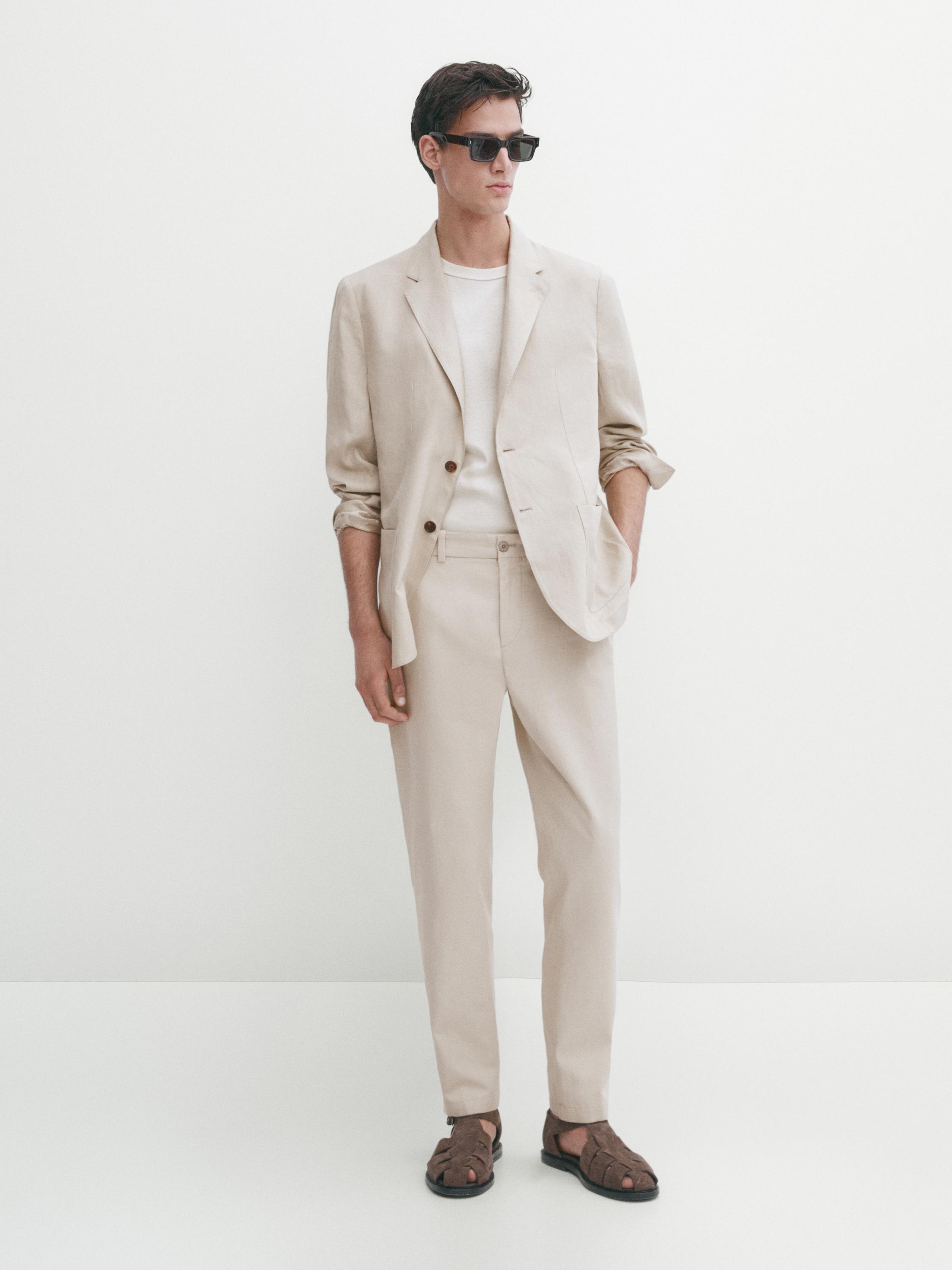 Cotton blend slim fit trousers - Beige | ZARA United States