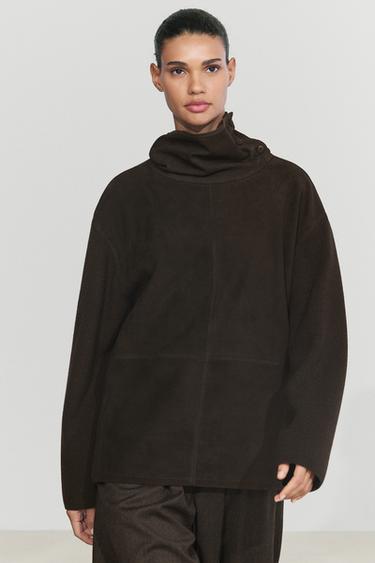 Combined high neck suede oversize blouse — Brown 2
