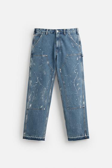 Zara WASHED CARPENTER POCKET PANTS - Mid-blue