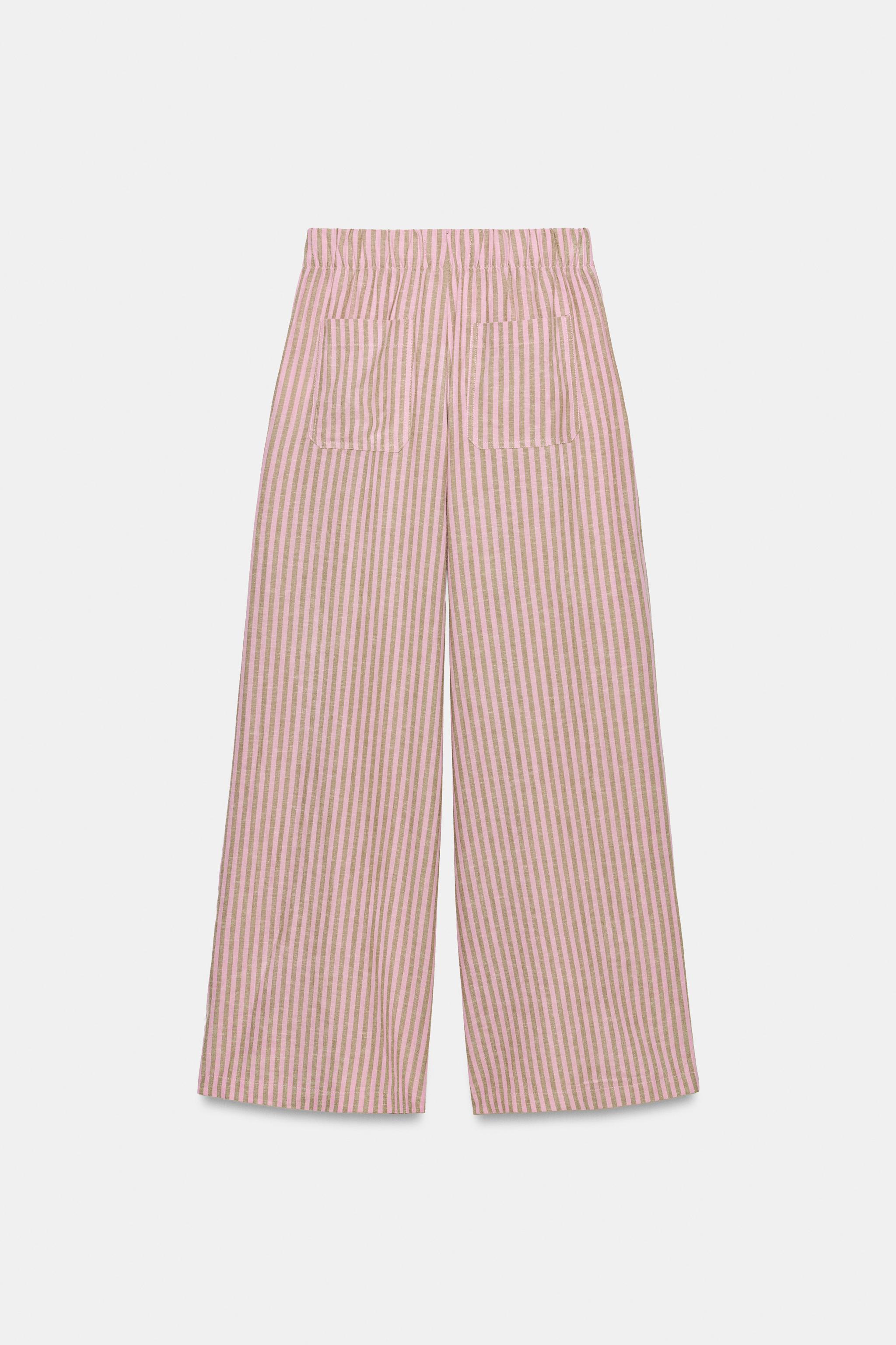 Zara KETEN KARIŞIMLI ÇİZGİLİ BAĞCIKLI PANTOLON görsel 6