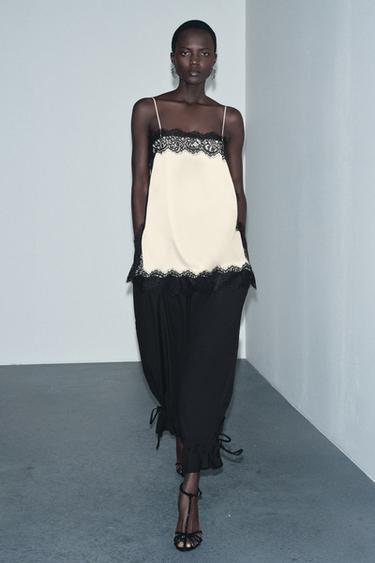 Zara SATIN EFFECT LACE TOP ZW COLLECTION - Black / White