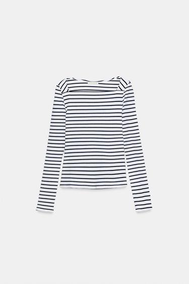 Zara SQUARE NECK TOP - Ecru / Navy