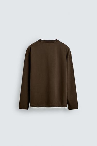 T-SHIRT WITH CONTRAST DOUBLE-LAYER HEMS - Brown by Zara - Image 7