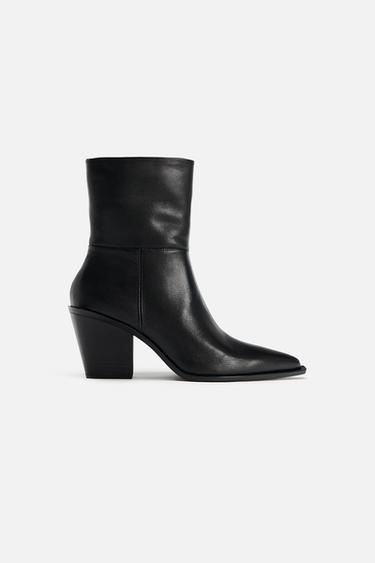 Zara POINTED LEATHER ANKLE BOOTS - Black