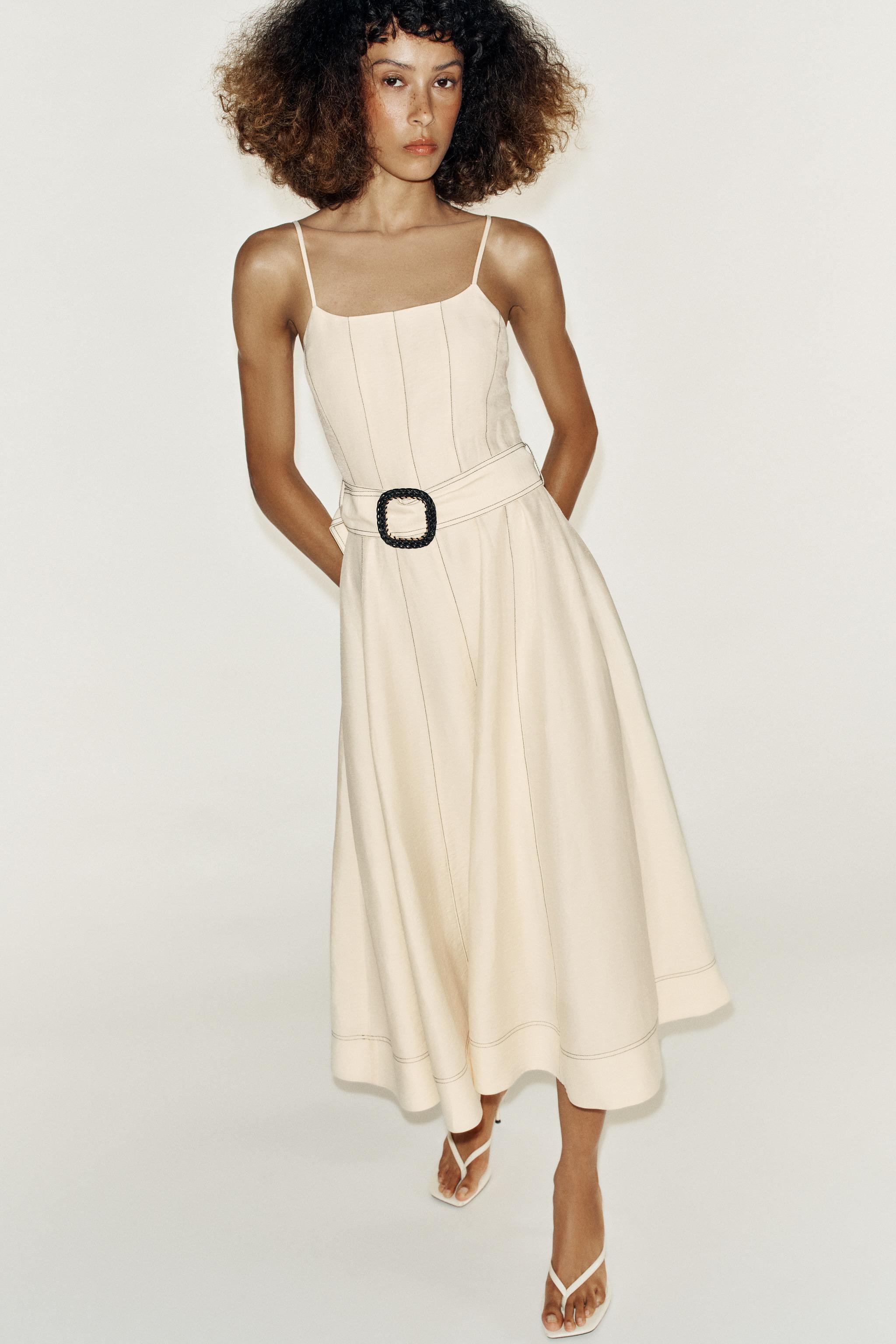 LINEN MIDI DRESS WITH CONTRAST STITCHING AND BELT