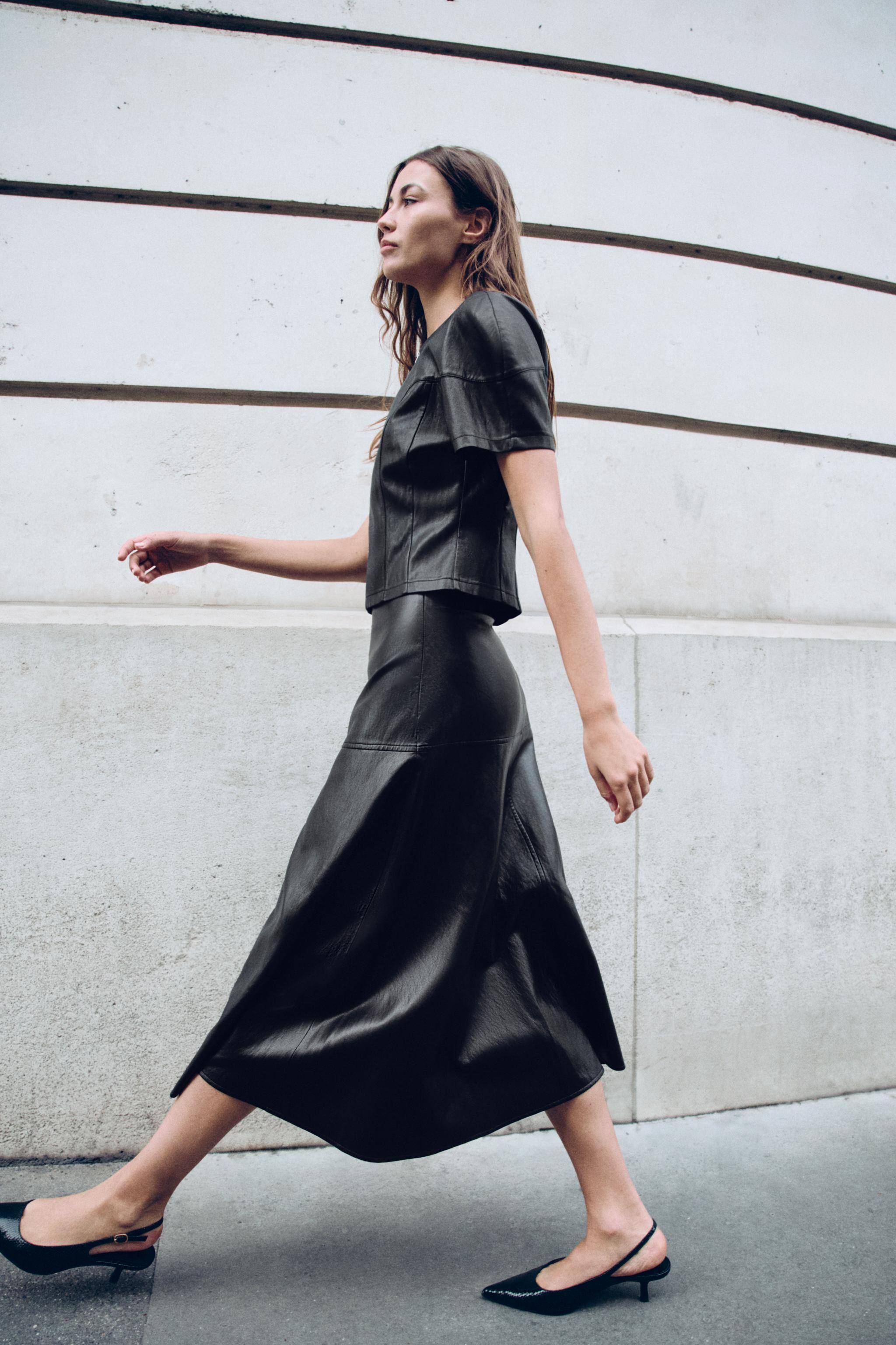 FAUX LEATHER A-LINE MIDI SKIRT
