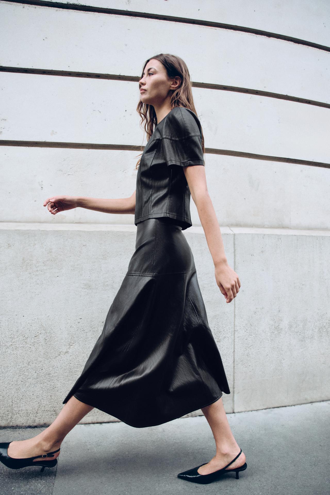 FAUX LEATHER A-LINE MIDI SKIRT — Black