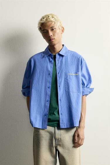 CASSETTE PRINT STRIPED SHIRT — Bluish 2