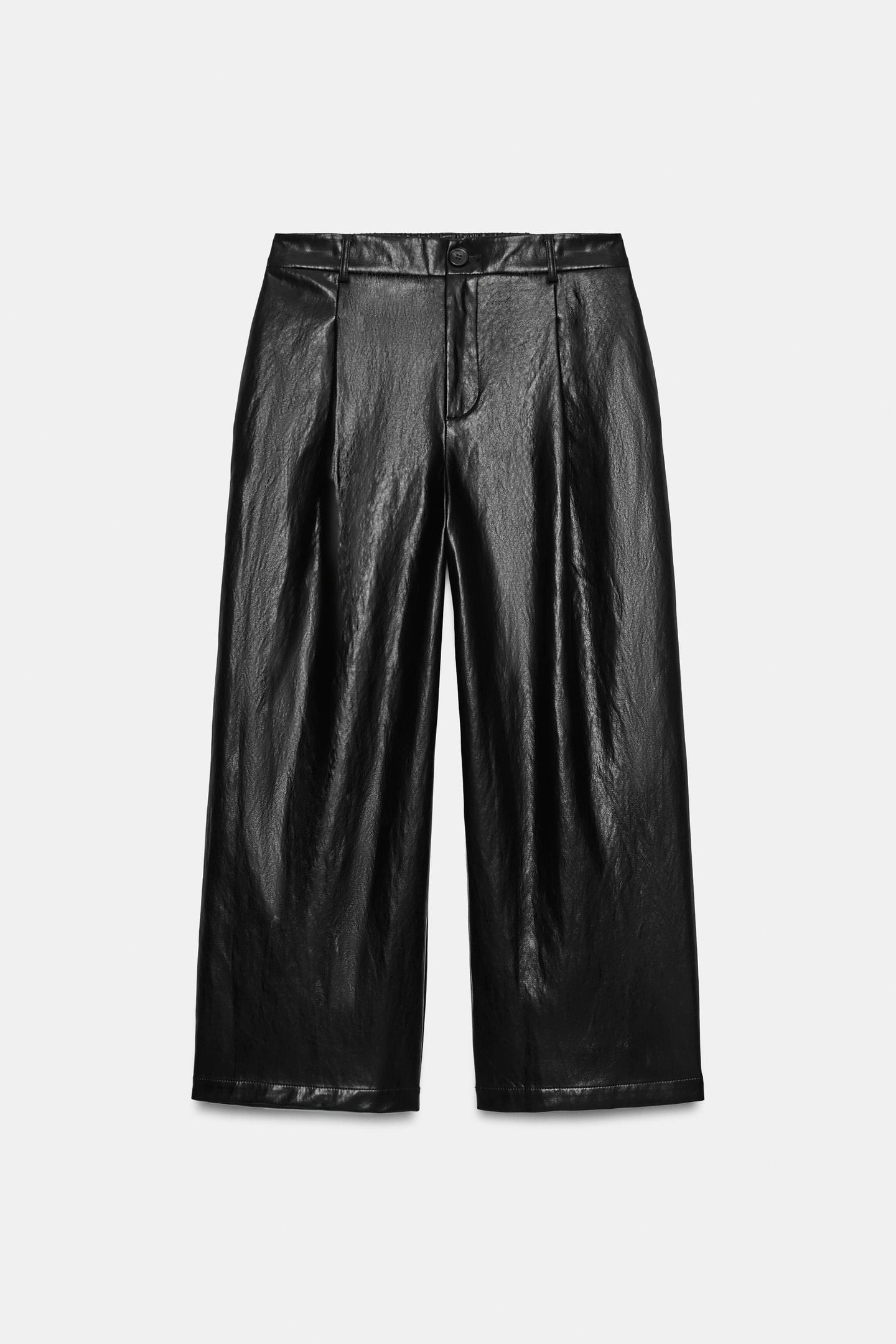 Женские брюки Zara Faux Leather Pleated Culotte, цвет: Чёрный — фото 6