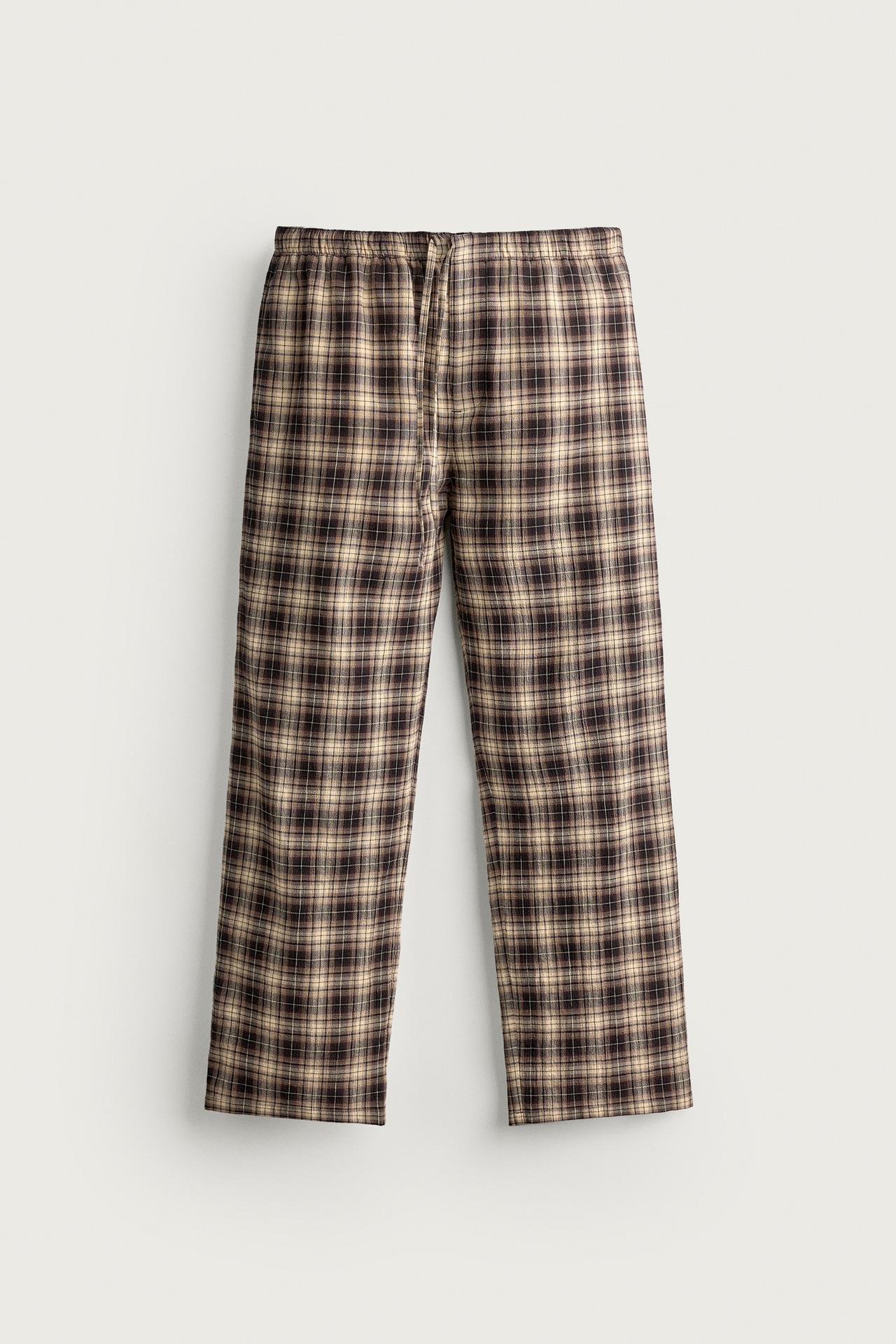 TEXTURED PLAID RELAXED-FIT PANTS — Brown