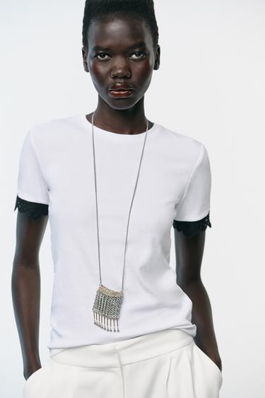 Zara LACE SLEEVE T-SHIRT - Black / White