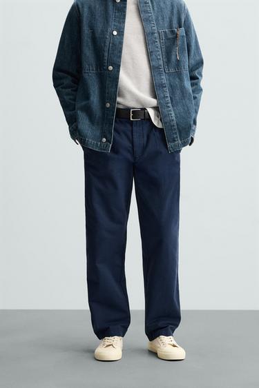 CALÇA DE ALGODÃO COM TEXTURA - Azul-marinho da Zara