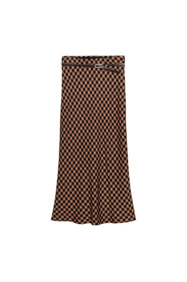 FALDA MIDI CUADRO VICHY - Tostado de Zara