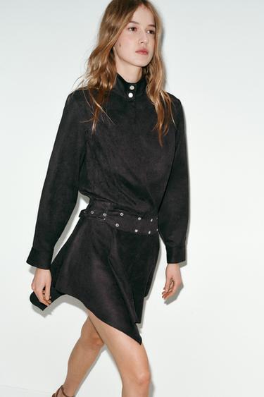FAUX SUEDE MINI DRESS WITH BELT - Brown by Zara
