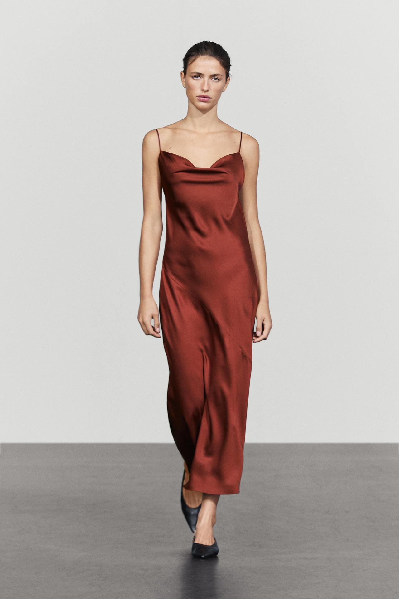 Flowing satin finish midi dress — Burnt orange
