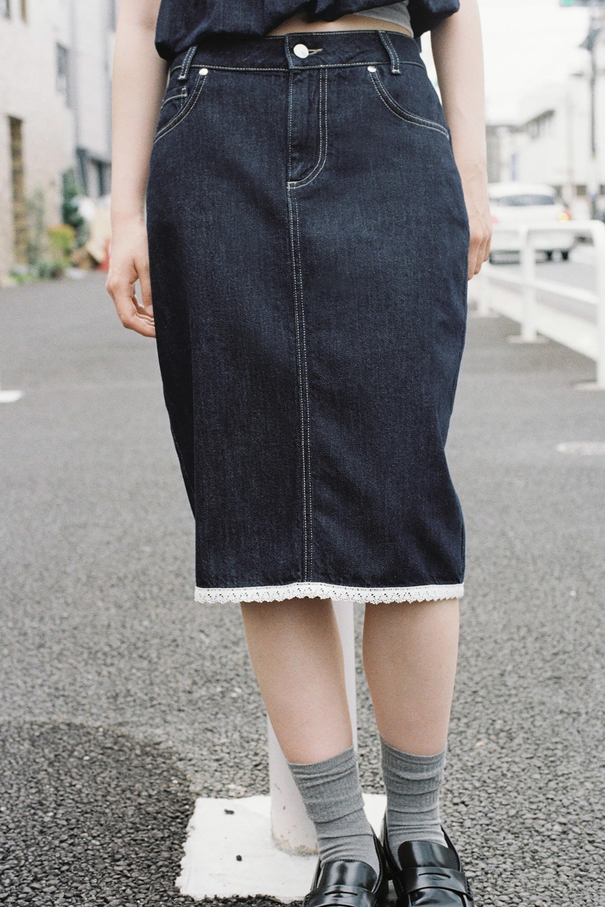 Z1975 レーストリム デニムミディスカート - ブルー | ZARA