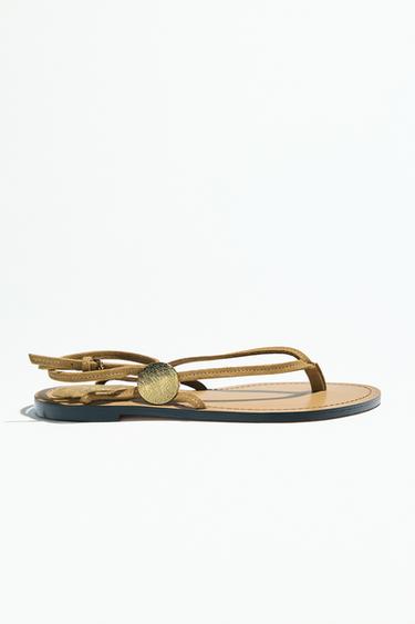 SPLIT SUEDE FLAT SANDALS WITH APPLIQUÉ - SAND/BROWN by Zara