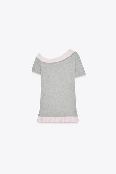 T-SHIRT DOUBLE ASYMÉTRIQUE - Gris chiné de Zara - Image 4