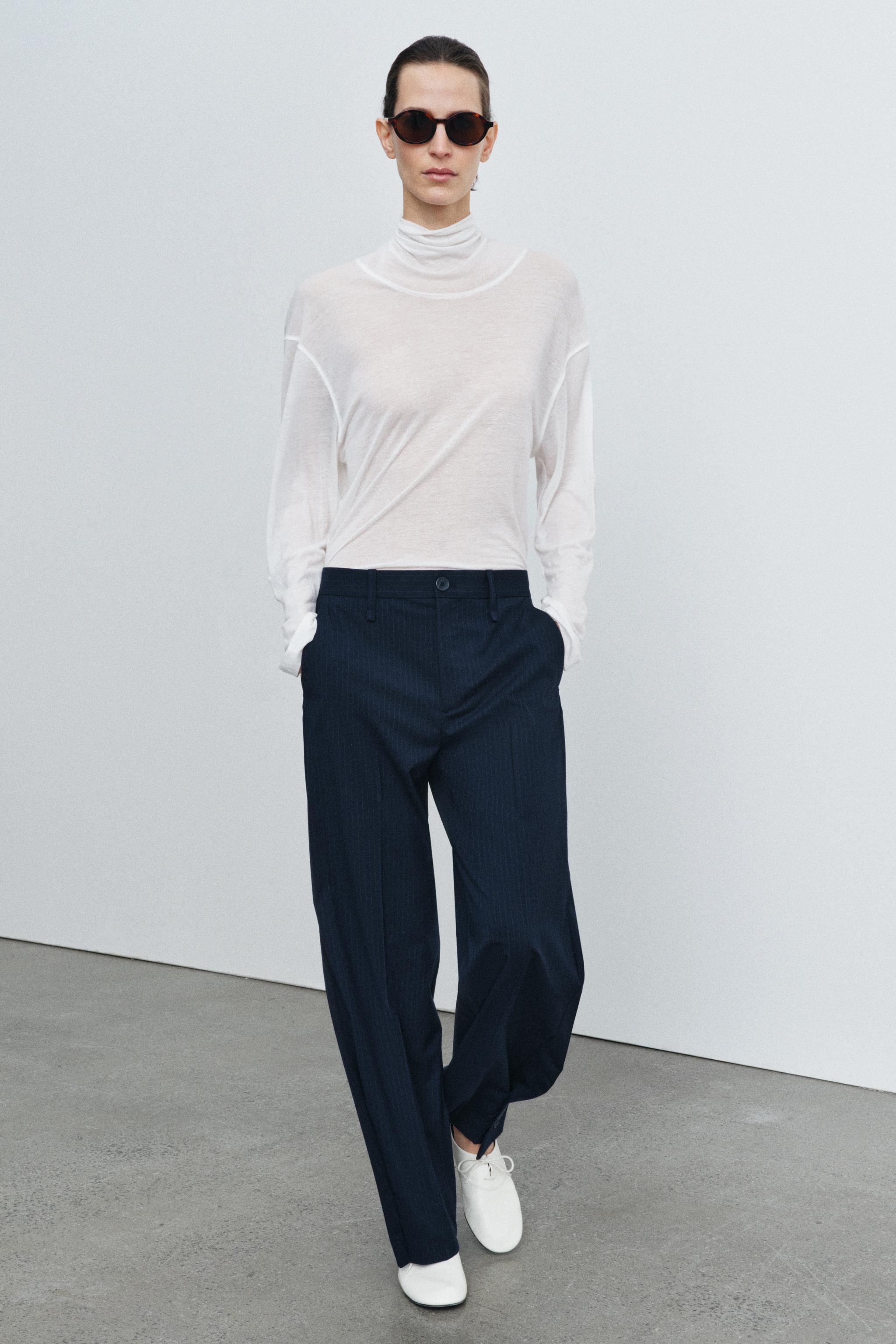 STRIPED PANTS WITH BUTTON HEM ZW COLLECTION