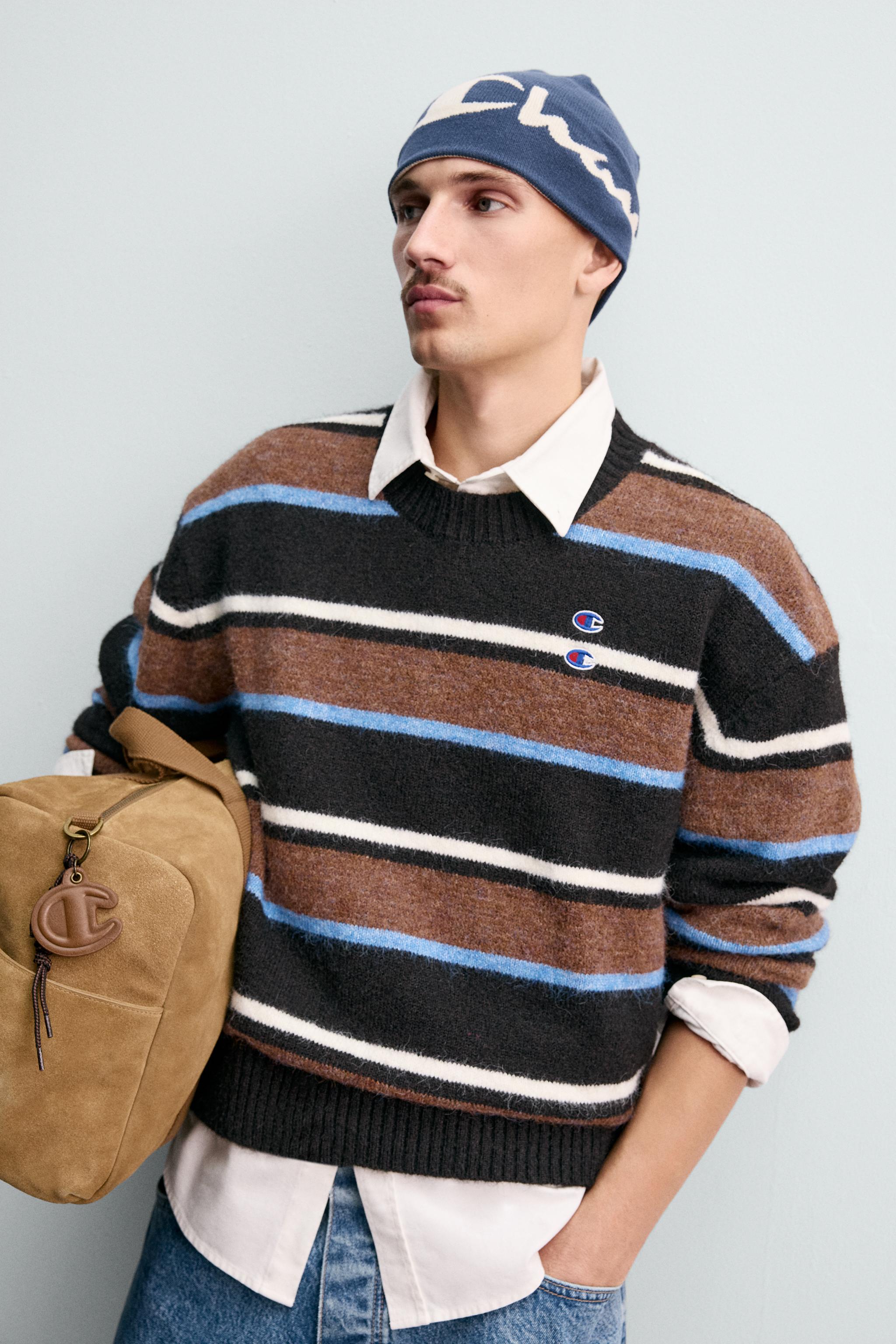 CHAMPION ZARA ストライプ柄パッチセーター XLサイズ 新品 ZARA］ストライプ柄パッチ CHAMPION X ZARA セーター (ZARA/ニット