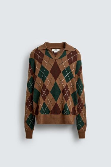 100% WOOL DIAMOND KNIT POLO SHIRT - camel by Zara