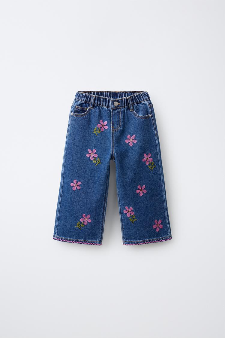 EMBROIDERED FLORAL CULOTTE JEANS — Blue