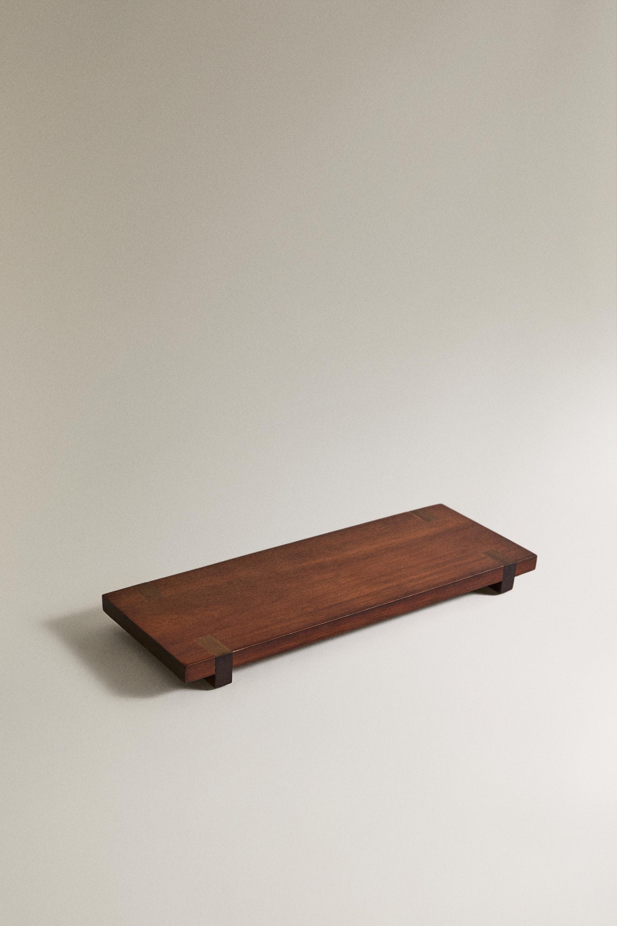RECTANGULAR DECORATIVE WOODEN TRAY — Brown