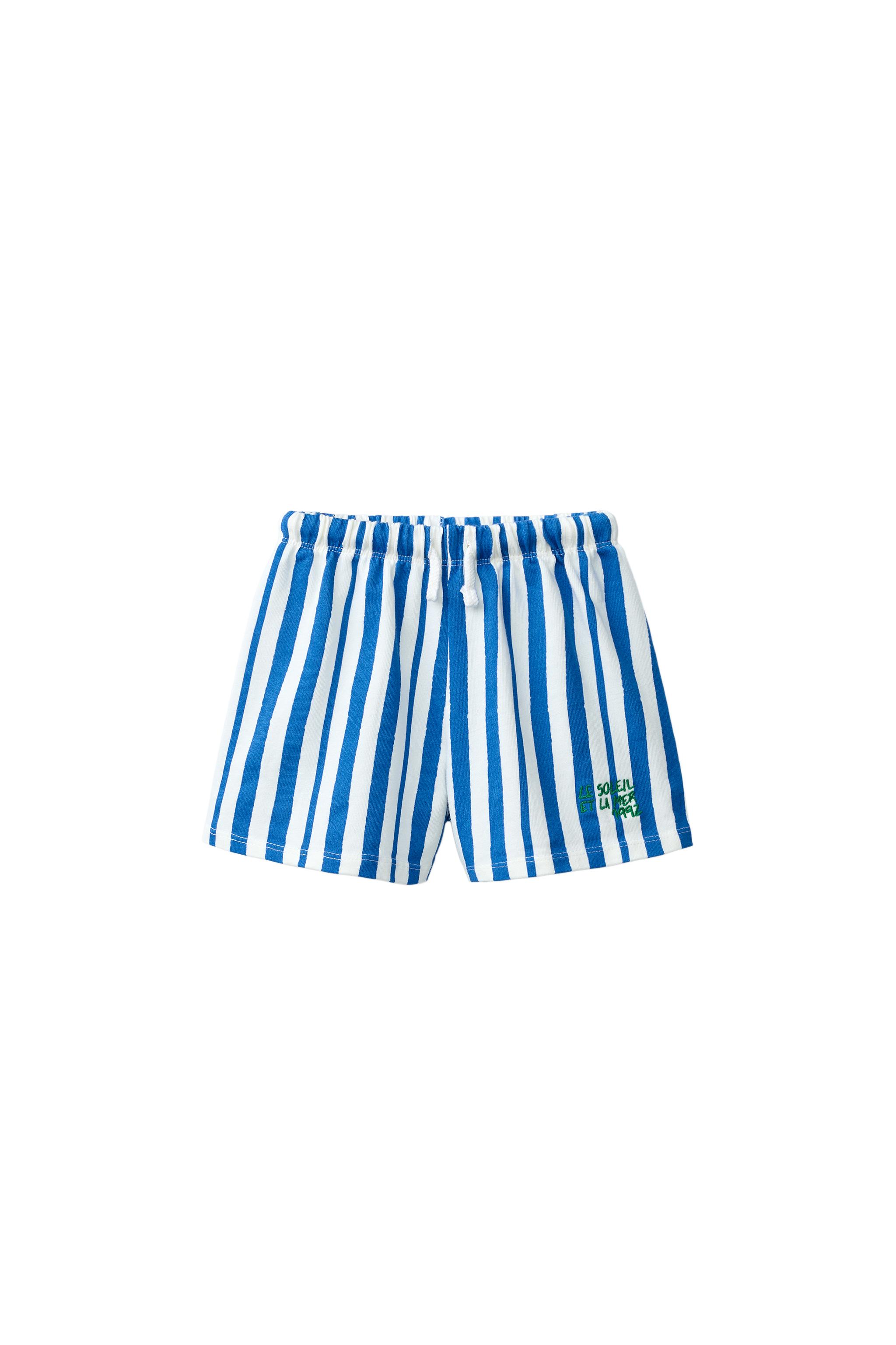 EMBROIDERED TEXT STRIPED SHORTS — Light blue