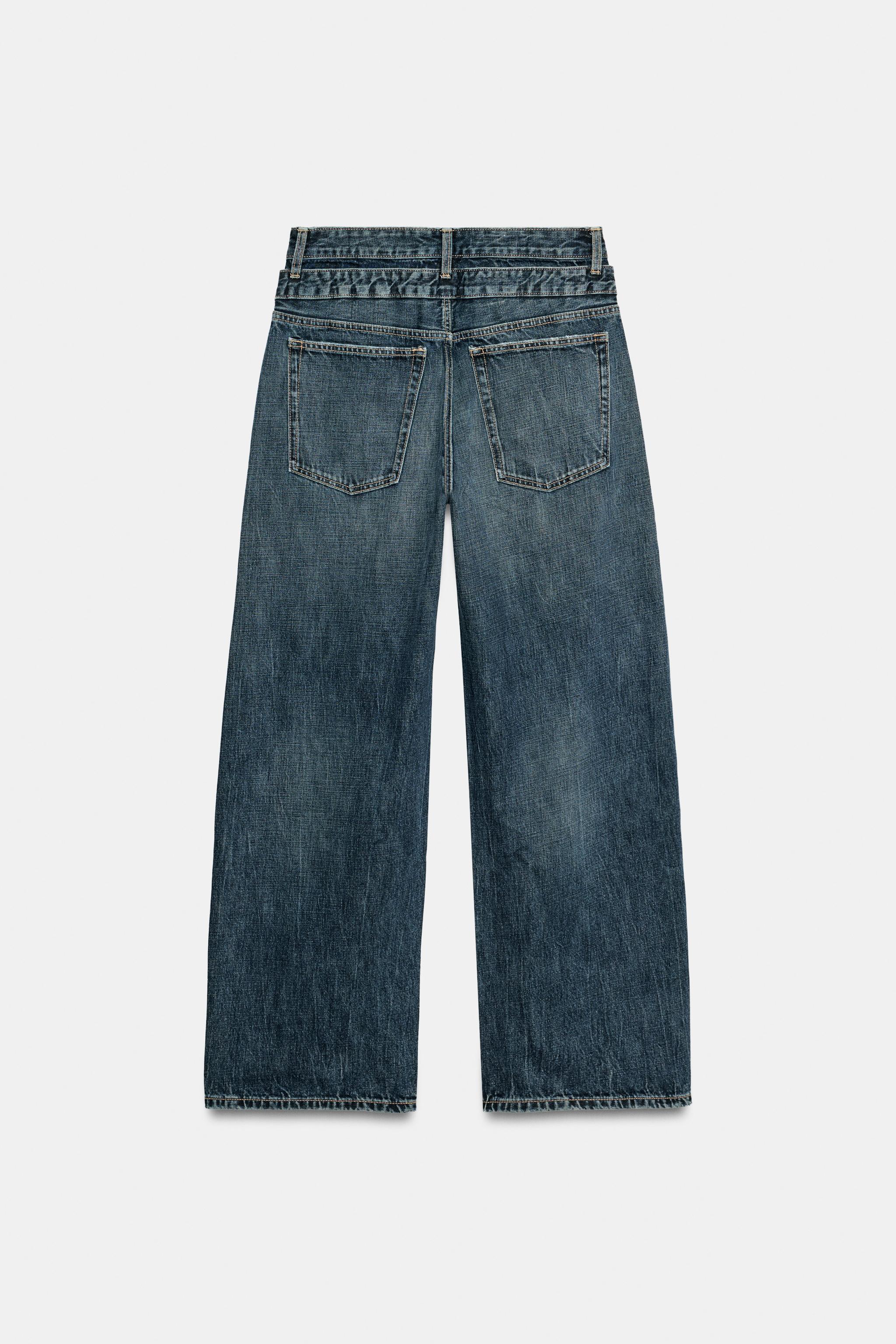 TRF STRAIGHT-FIT DOUBLE WAISTBAND MID-RISE JEANS — Blue