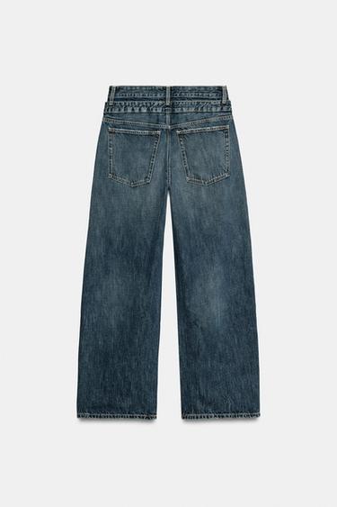 Zara TRF STRAIGHT-LEG MID-RISE DOUBLE WAISTBAND JEANS - Blue