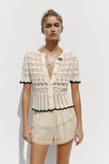 POINTELLE KNIT SHORT SLEEVE CARDIGAN - Black / White by Zara - Image 1