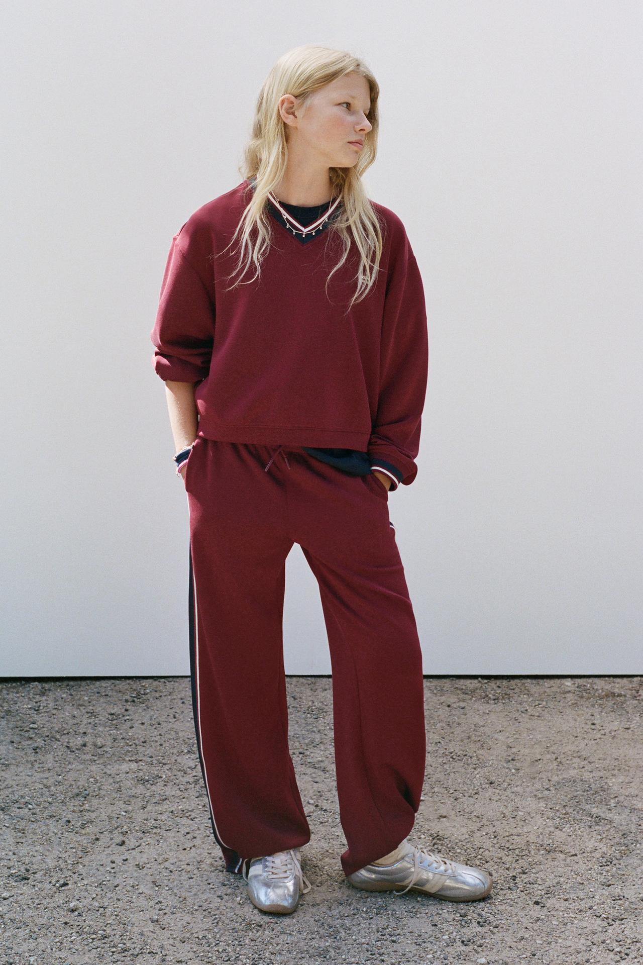 SPORTY CONTRAST PIPING TROUSERS — Dark burgundy