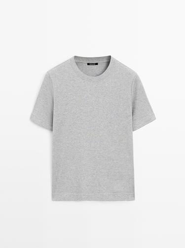 Camiseta interlock cuello redondo 100% algodón - Gris / Beige de Zara
