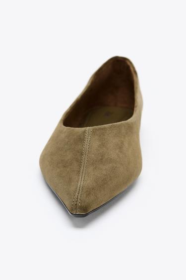 POINTED SPLIT SUEDE BALLET FLATS - Olive Green by Zara - Image 3