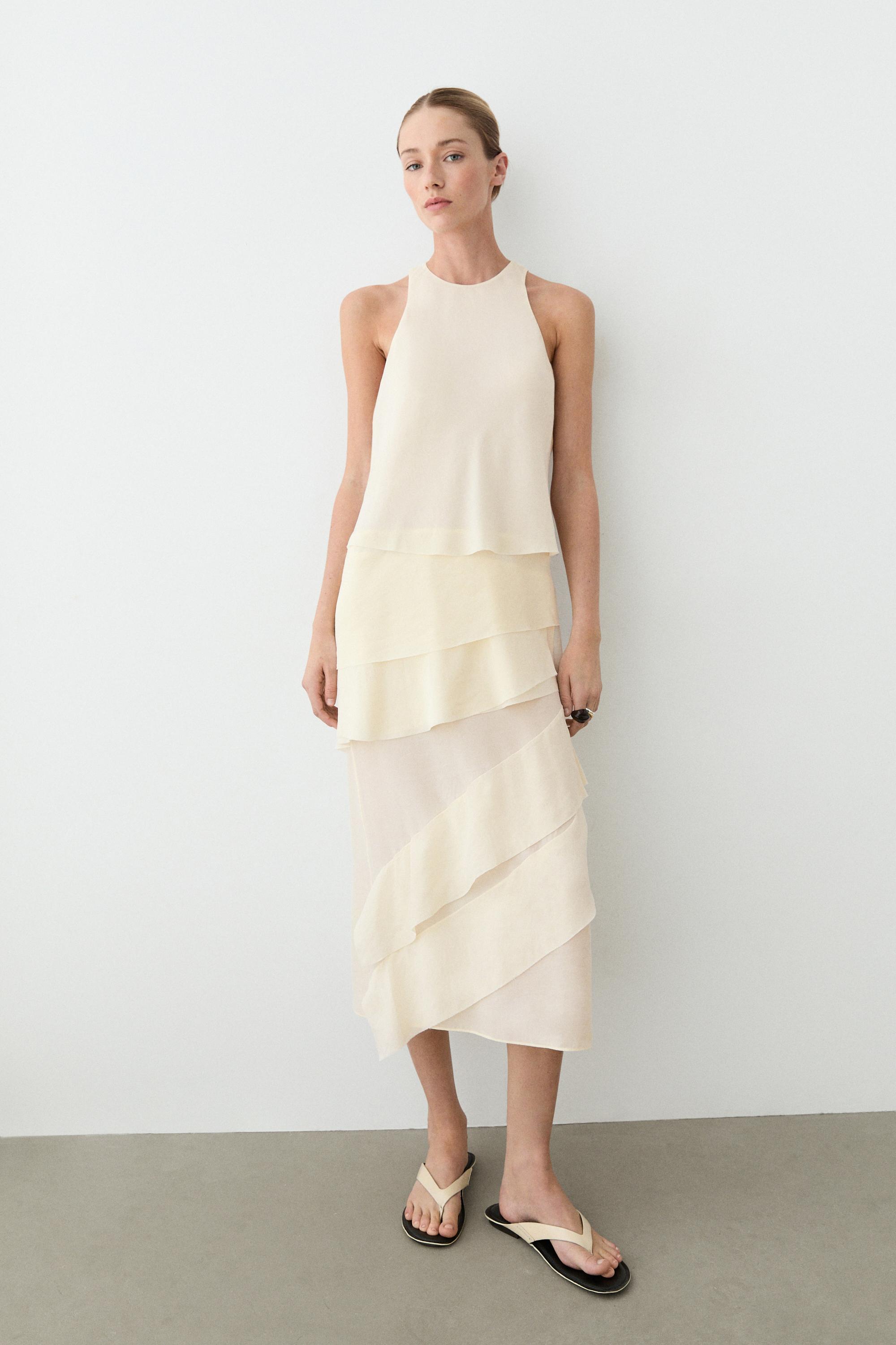 Flowing midi dress with ruffles — Ecru