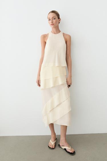 Zara Flowing midi dress with ruffles - Ecru