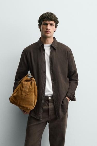 100% LINEN REGULAR FIT SHIRT - Chocolate by Zara