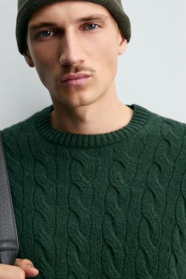 100% WOOL CABLE-KNIT JUMPER - Dark bottle green by Zara - Image 5