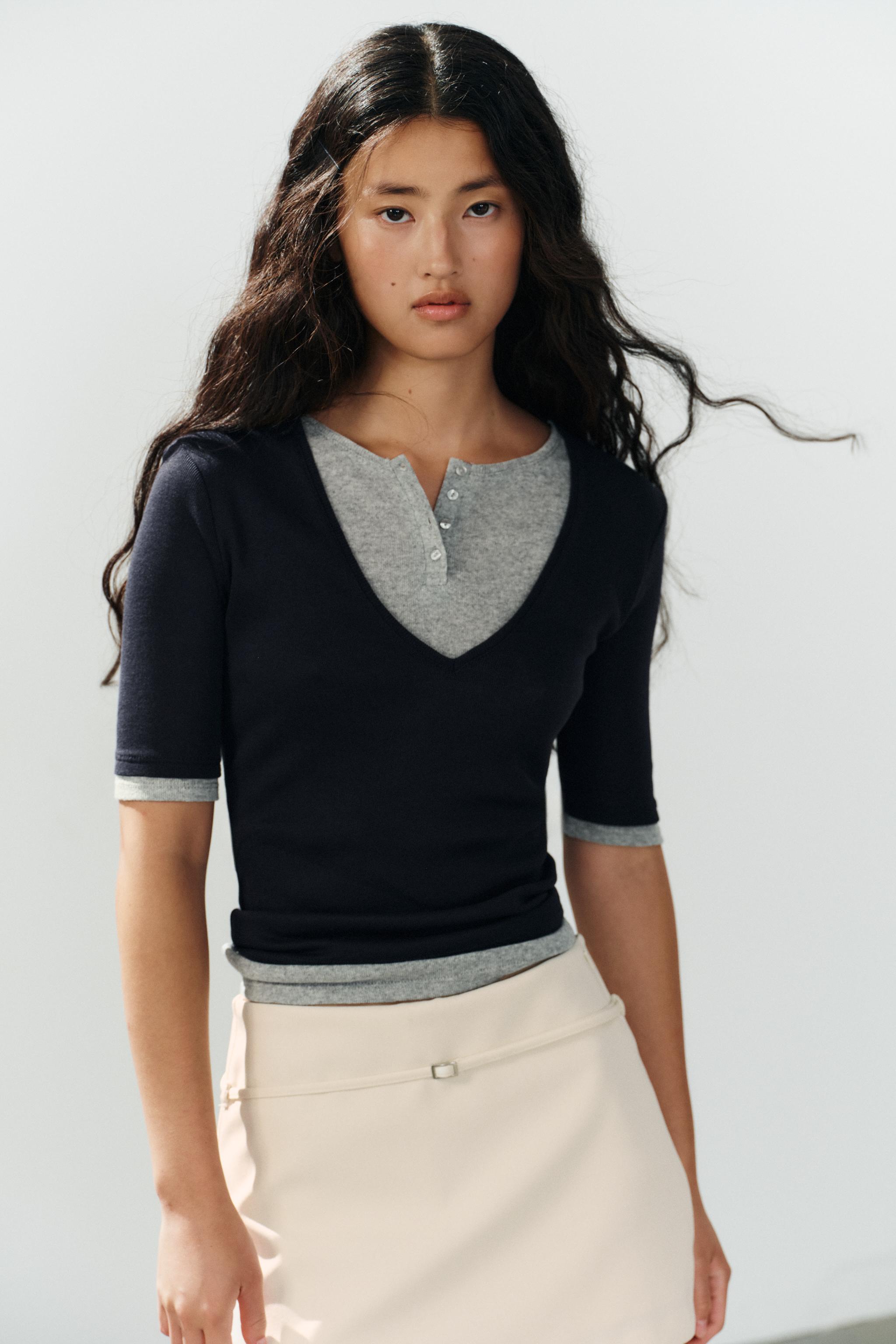 DOUBLE-LAYERED HENLEY TOP — Navy blue