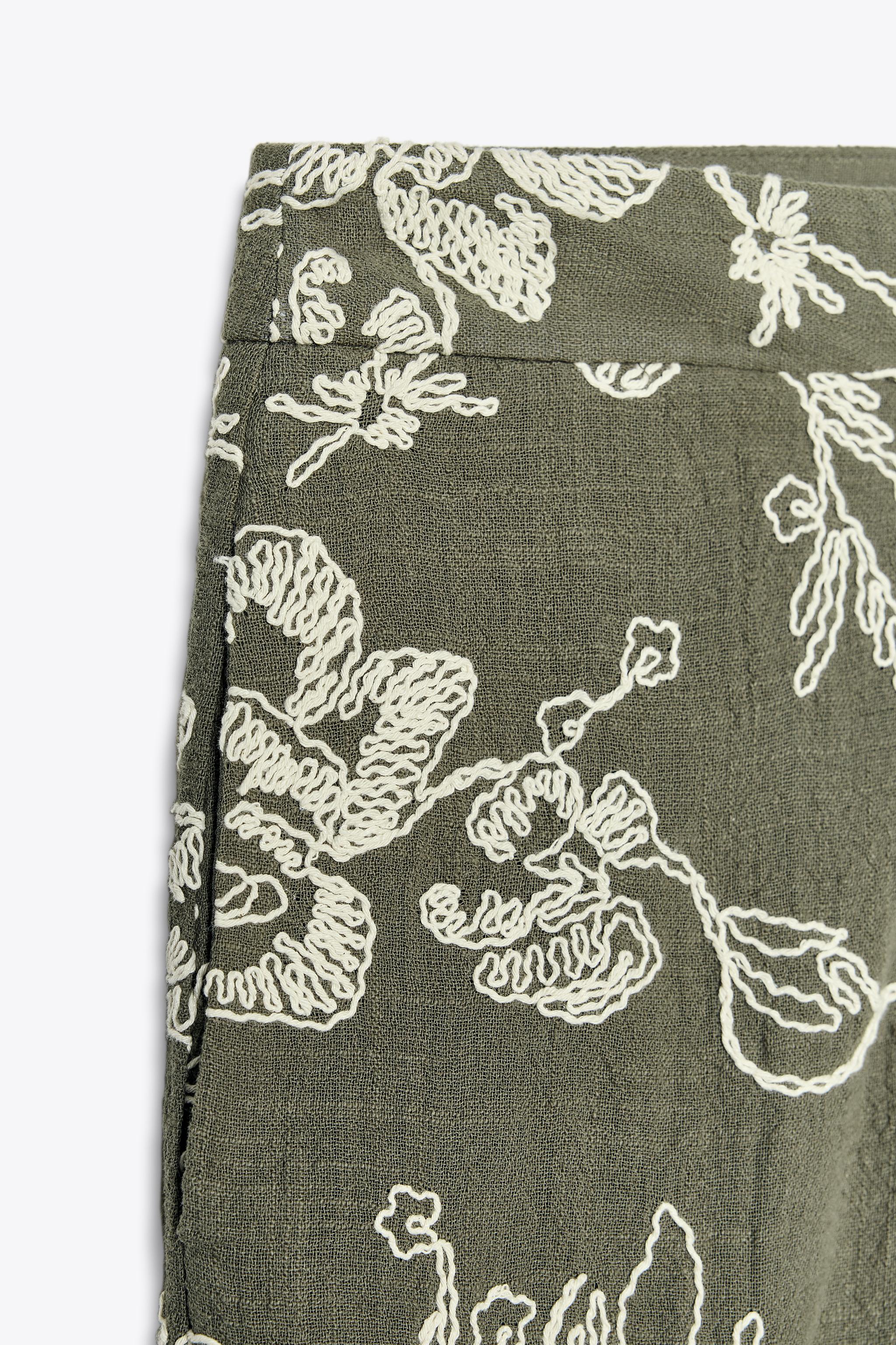 ZARA ギピュールレース裾刺繍入りパンツ 8741/131 ギピュールレース裾刺繍入りパンツ - 生成り/カーキ | ZARA