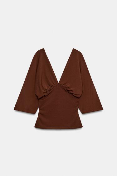 TEXTURED V-NECK TOP - Brown by Zara - Image 5