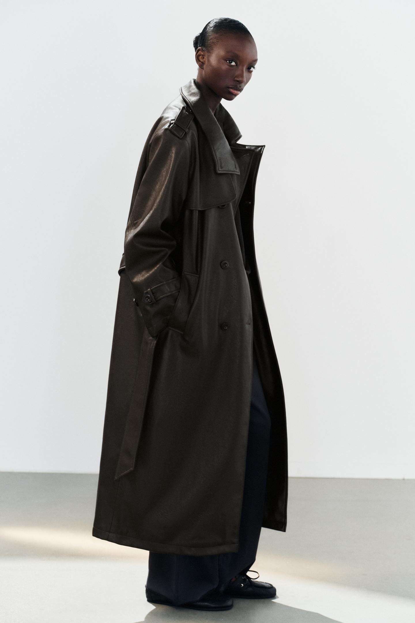 Женское пальто Zara Faux Leather Long Trench, цвет: Тёмный коричневый — фото 4