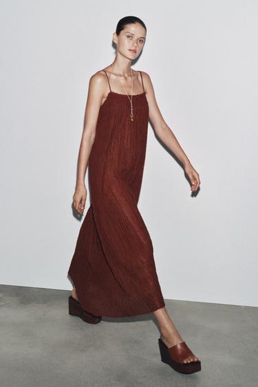 Zara ZW COLLECTION 苧麻長洋裝 - 棕色