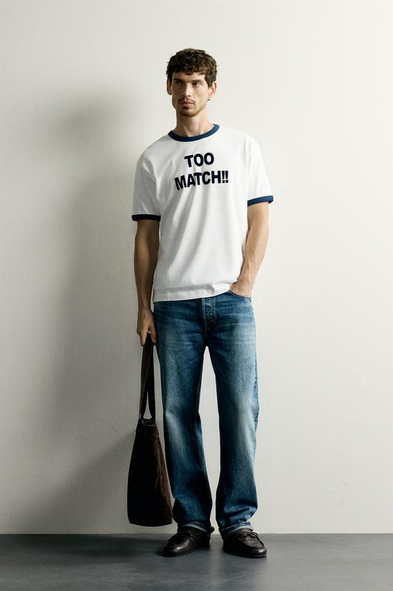 RINGER CONTRAST RIBBED SLOGAN T-SHIRT - Oyster-white by Zara - Image 0