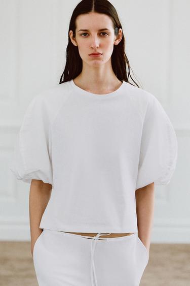 T-SHIRT EN MATIÈRES VARIÉES À MANCHES BOUFFANTES - Blanc de Zara - Image 3