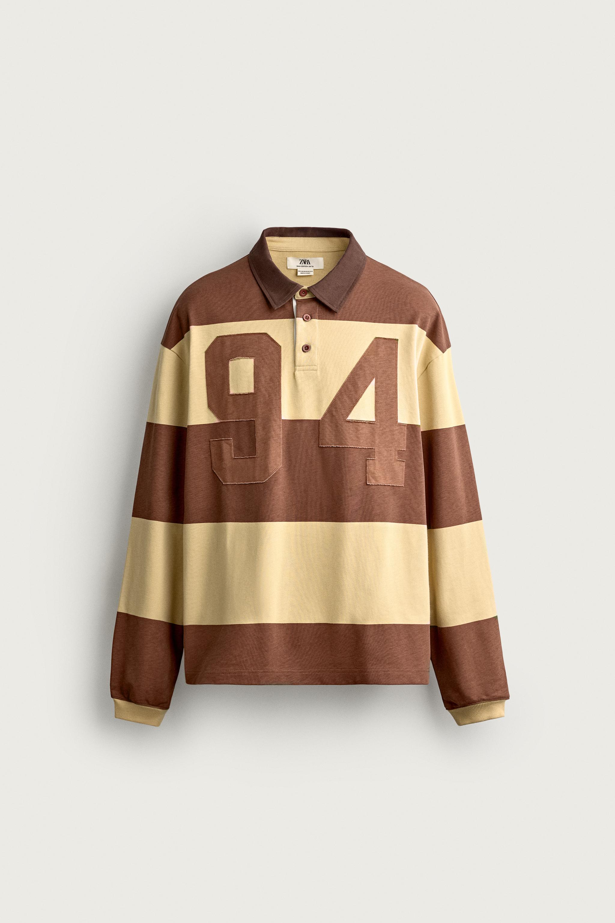 STRIPED NUMBER PATCH POLO — Brown